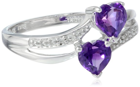 Amazon上原价$347.06的10k白金双心形紫水晶钻石戒指，现折扣61%仅售$136